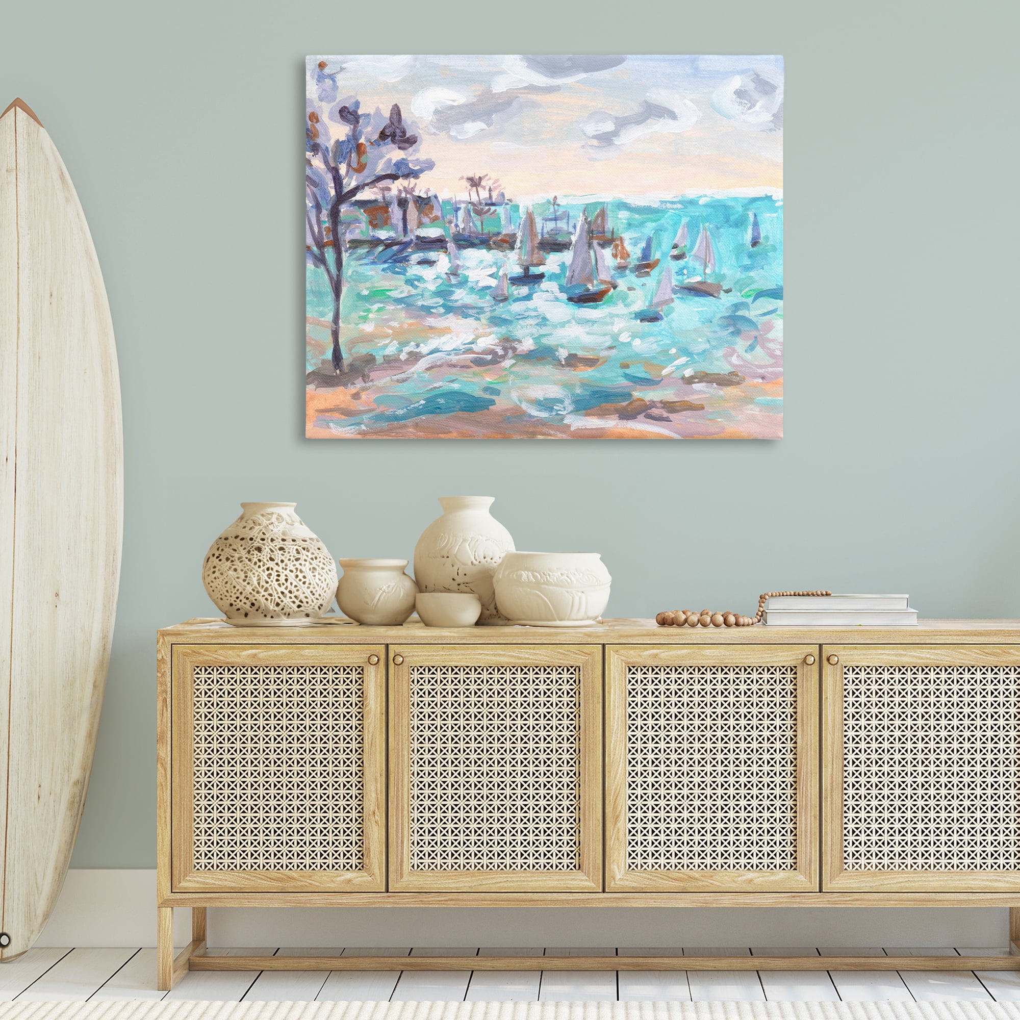 Stupell Industries Sailboat Fleet by Shore Nautical & Beach Painting Wrapped Canvas Art Print Wall Art, 48 x 36