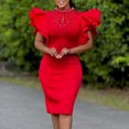 thumbnail image 2 of AURA Women’s Beaded Bodycon Midi Dress Ruffle Short Sleeves Half High Neck Zipper Solid Color S-5XL, 2 of 7