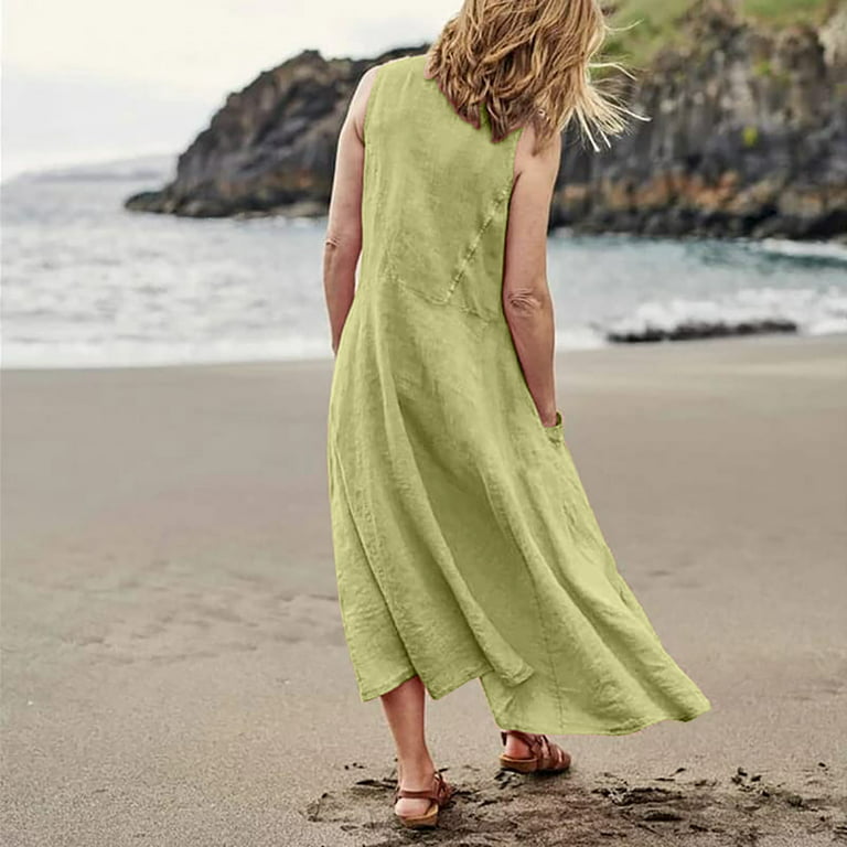TQWQT Beach Dresses for Women Sleeveless Cotton Linen Dress with Pockets  Boho Style Beach Tank Dress,Green L