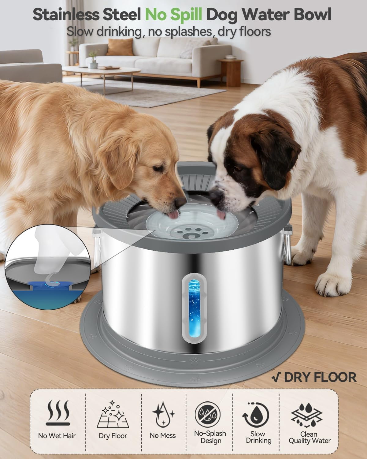 14L No Spill Dog Water Bowl, Stainless Steel Spill Proof Dog Bowl with Water Window, Dual-Suction Anti-Slip Large Capacity Slow Drinking Bowl with Floating Disk for Large Dogs & Messy Drinkers