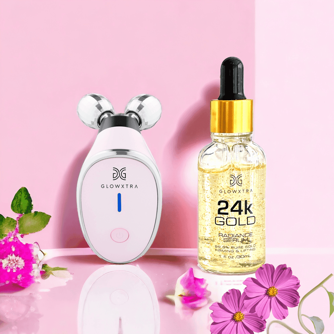Golden Glow Set: Microcurrent Facial Roller + 24K Gold Serum (Pink Roller)