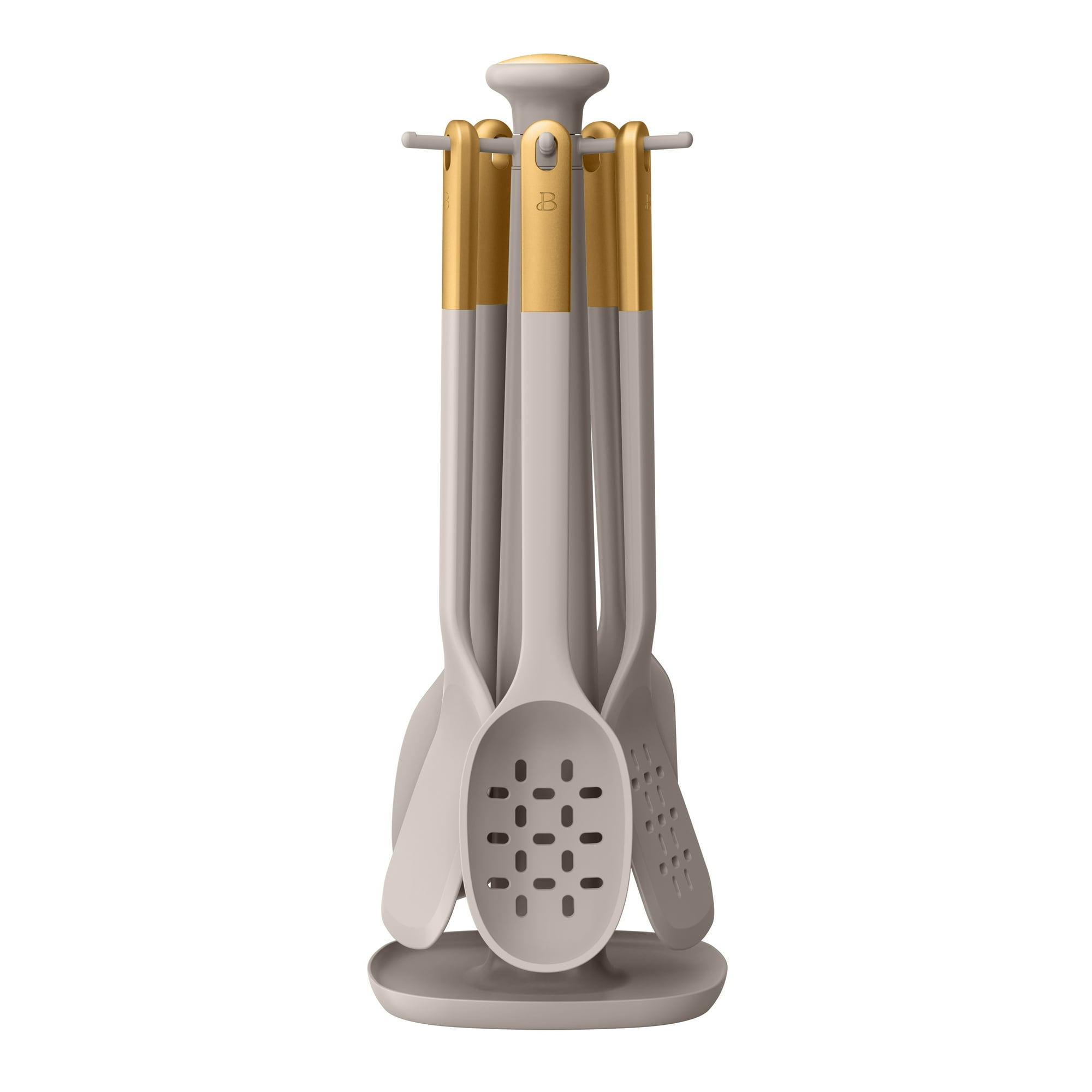 Beautiful 6-Piece Silicone Kitchen Utensil Tool Set with Rotating Rack by Drew Barrymore, Porcini Taupe
