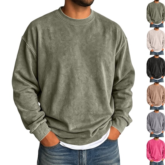 Oversized Vintage Crewneck Sweatshirt Men Acid Wash Cotton Baggy Trendy Streetwear Long Sleeve Shirts Pullover Tops Army Green S