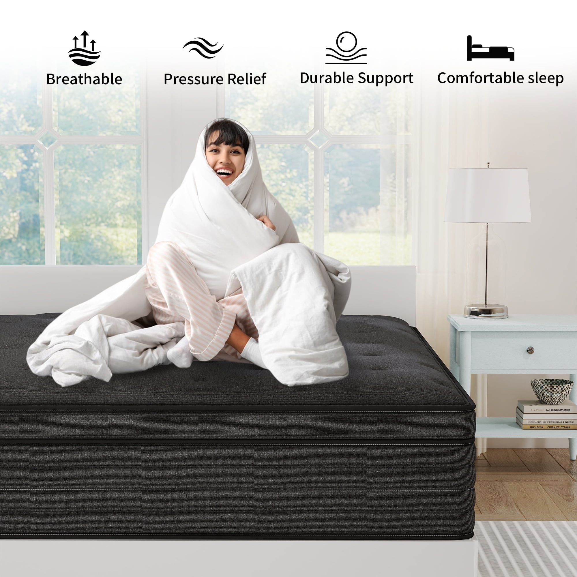 Kviwasha 12 inch Queen Mattress in a Box, Hybrid Gel Memory Foam with Individually Wrapped Pocket Coils, Medium Firm, Pressure Relief, Cooling Sleep Support for Adult