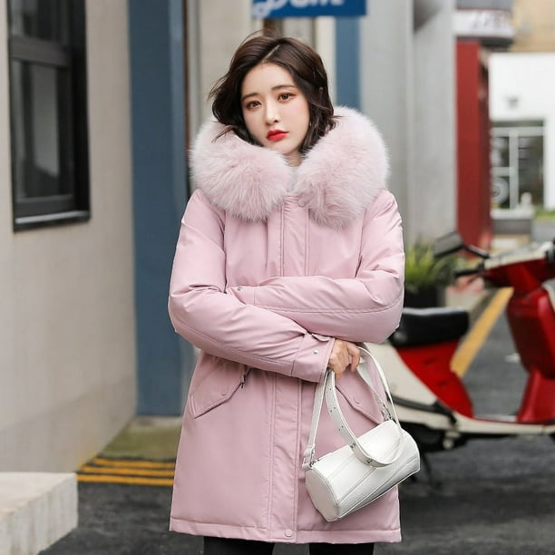 Chaqueta acolchada de algodón gruesa de moda con cuello grande de lana suelta de estilo invernal de largo medio con forro polar para mujer de Parker