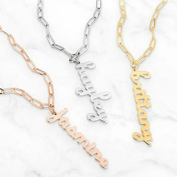 Personalized Planet Lowercase Script Vertical Name Paperclip Chain Necklace ,Women's