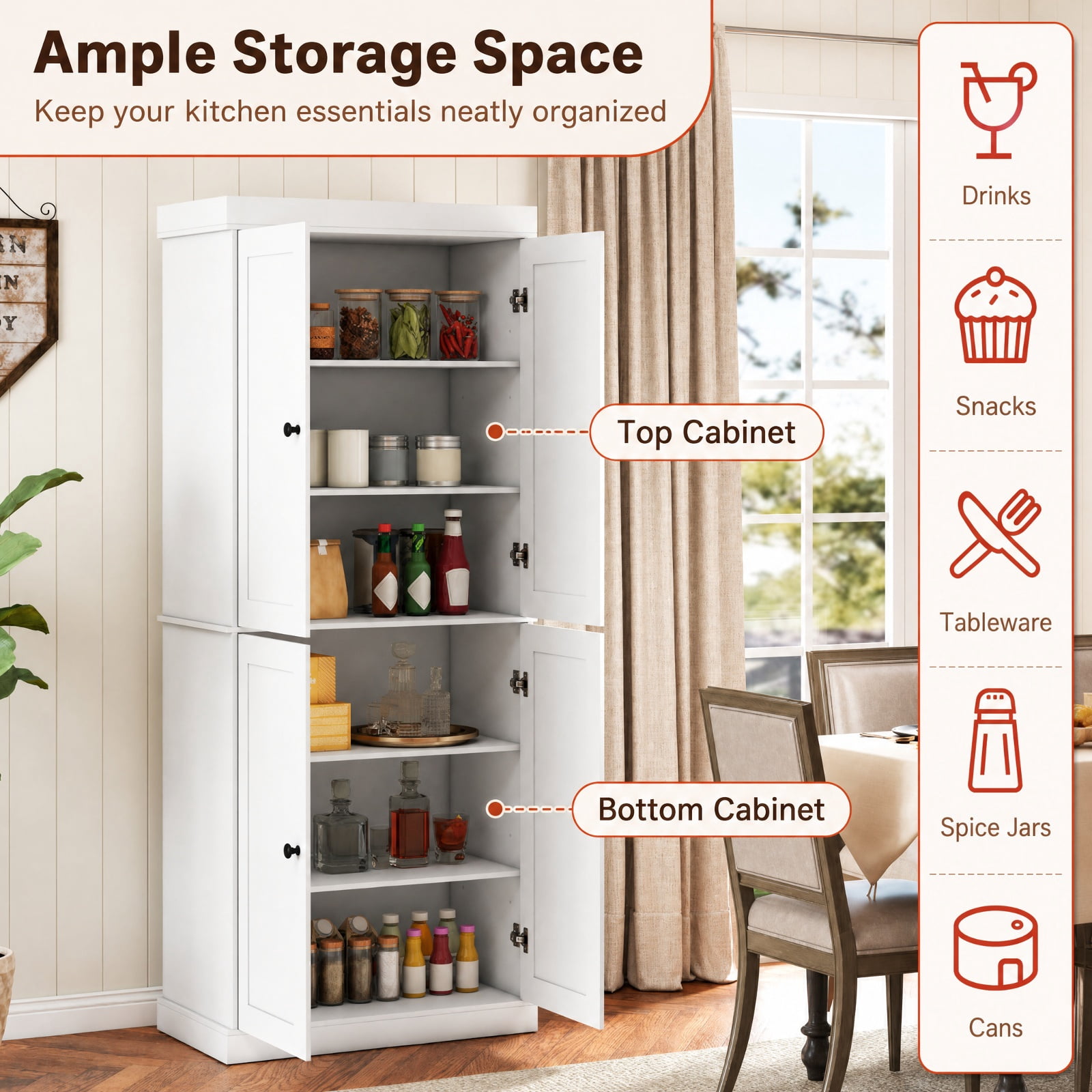Furnibear 72.5 Inch Tall Kitchen Pantry Cabinet with 2 Adjustable Shelves Enclosed Doors and Anti Tipping Kits for Kitchen and Dining Room, White