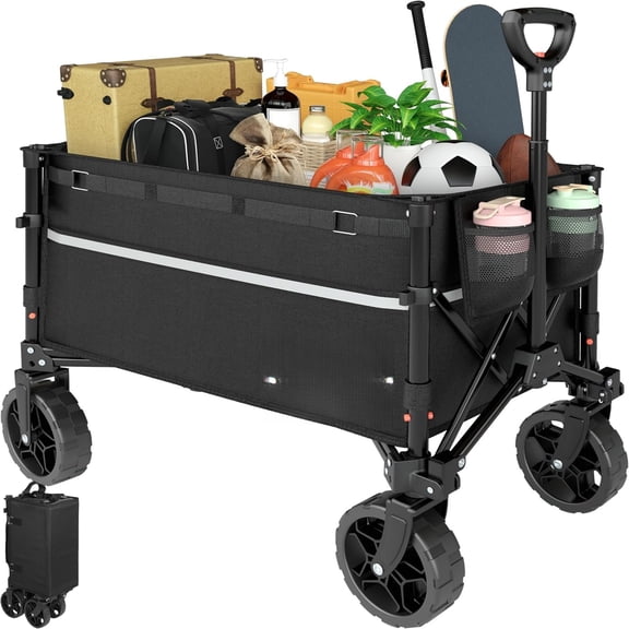 Collapsible Wagon Cart with Wheels Foldable - Folding Utility Heavy Duty Wagons Carts for Grocery Sports Garden Shopping Camping Wheelbarrows (Black, 120L)