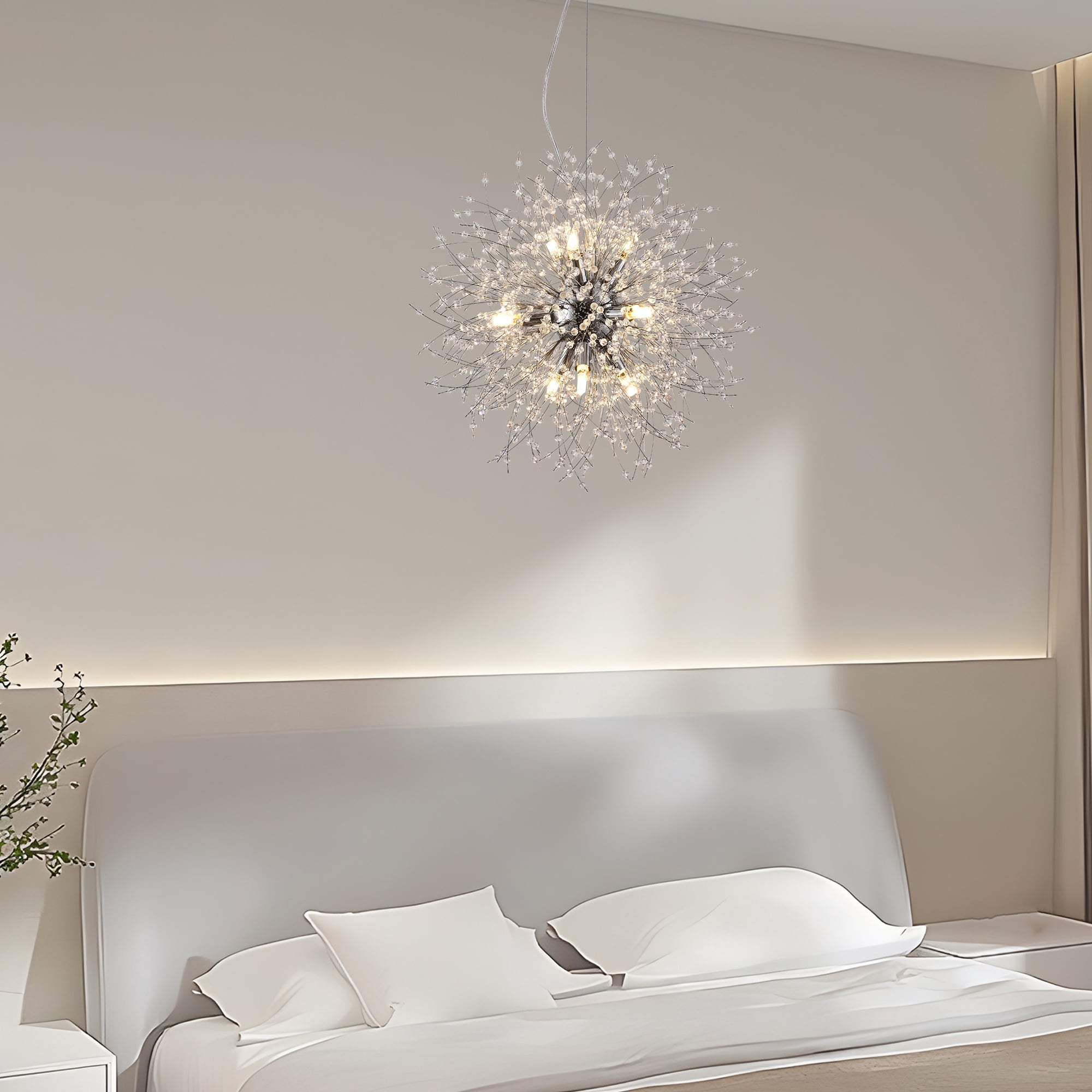 9-Lights Modern Farmhouse Chandelier Lighting, Sputnik Dandelion Ceiling Hanging Lamp, Round Crystal Beaded Pendant Lights for Kitchen Island Dining Room Bedroom Foyer