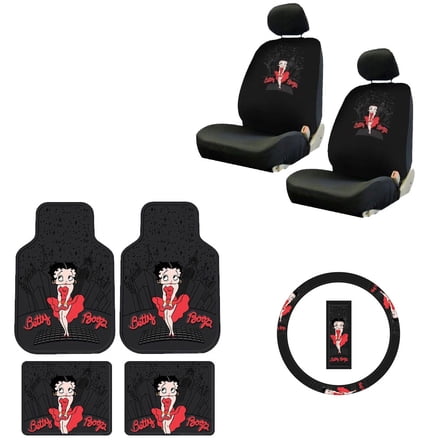 7 Piece Betty Boop Gift Set- 2 Low Back Seat Covers, 2 Front Floor Mats, 2 Rear Floor Mats and 1 Steering Wheel Cover