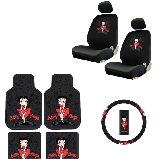 7 Piece Betty Boop Gift Set- 2 Low Back Seat Covers, 2 Front Floor Mats, 2 Rear Floor Mats and 1 Steering Wheel Cover