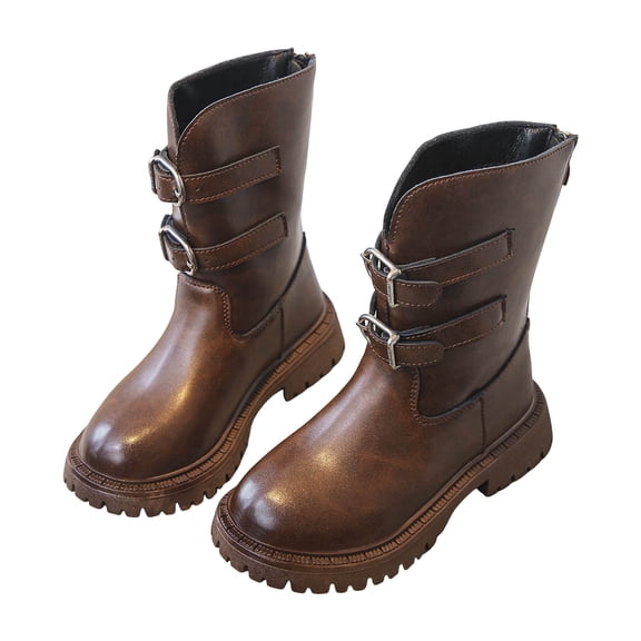 Girls Mid Calf Boots Adjustable Front Buckle Vintage Leather Back Zipper Round Toe Lug Sole Low Heel Motorcycle Booties 2 Big Kid Brown