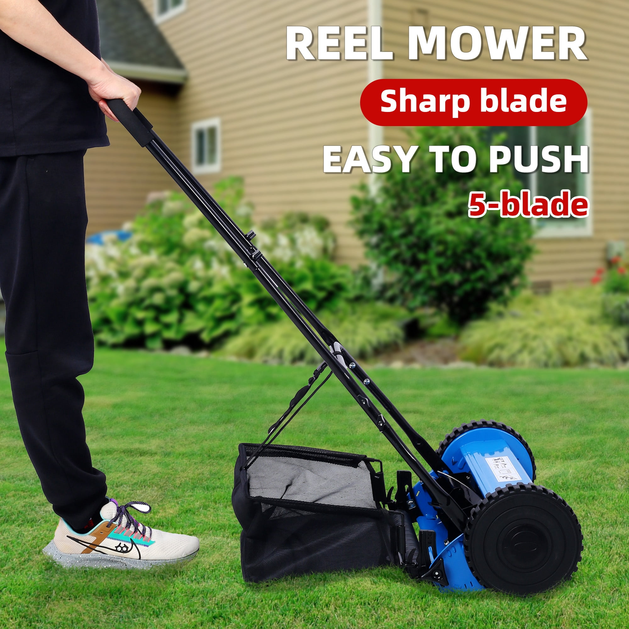 CASEMIOL 14" 5-Blade Manual Push Reel Lawn Mower with Grass Catche, Blue