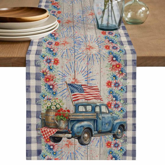 Independence Day Table Runner 70 Inches, Blue Truck USA Flag Floral Black Plaid Bed Runner Dresser Scarves Tabletop for Indoor Outdoor Parties/Ceremony/Banquet, 13" x 70"