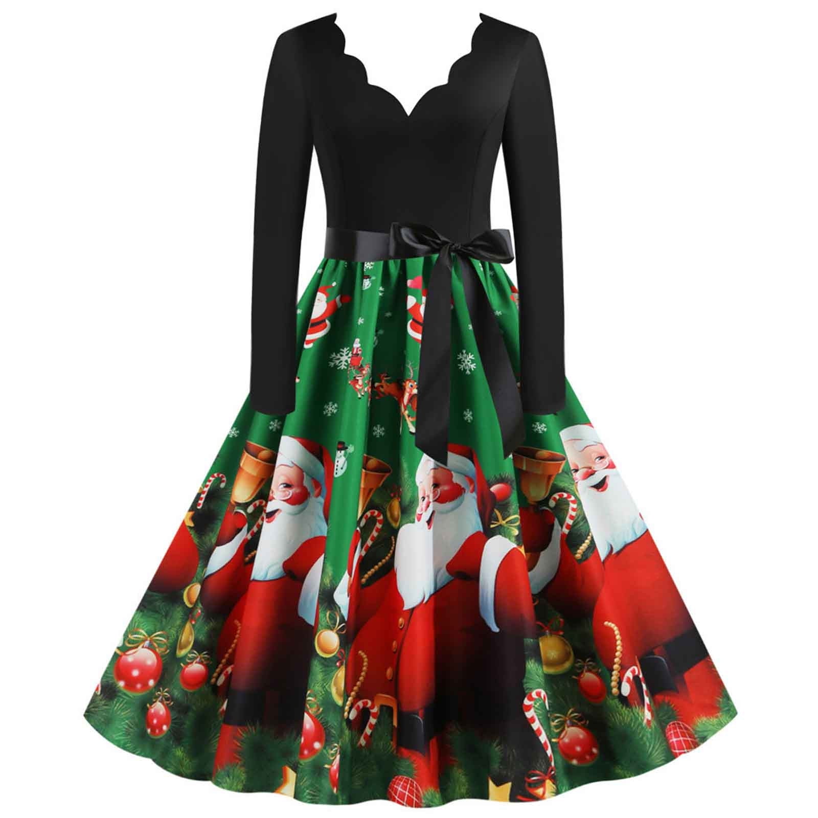 Line Xmas Printed Swing Hepburn Party Dress Christmas Dress for Women 50s Vintage Short Sleeve Lace Retro Cocktail A 