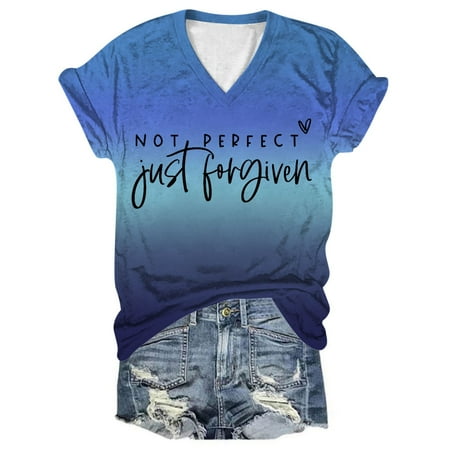 

Baycosin Women Not Just Forgiven Gradient Letter Print Top Short Sleeve V Neck T Shirt