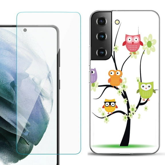 Slim-Fit TPU Fashion Phone Case for Samsung Galaxy S22 5G, with Tempered Glass Screen Protector, by OneToughShield ® - Tree Owl