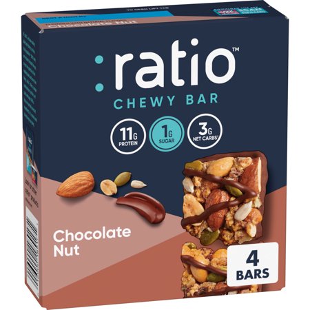 Ratio Chewy Protein Bar, Chocolate Nut, 11g Protein, Keto Friendly, 5.6 oz (4 Bars)