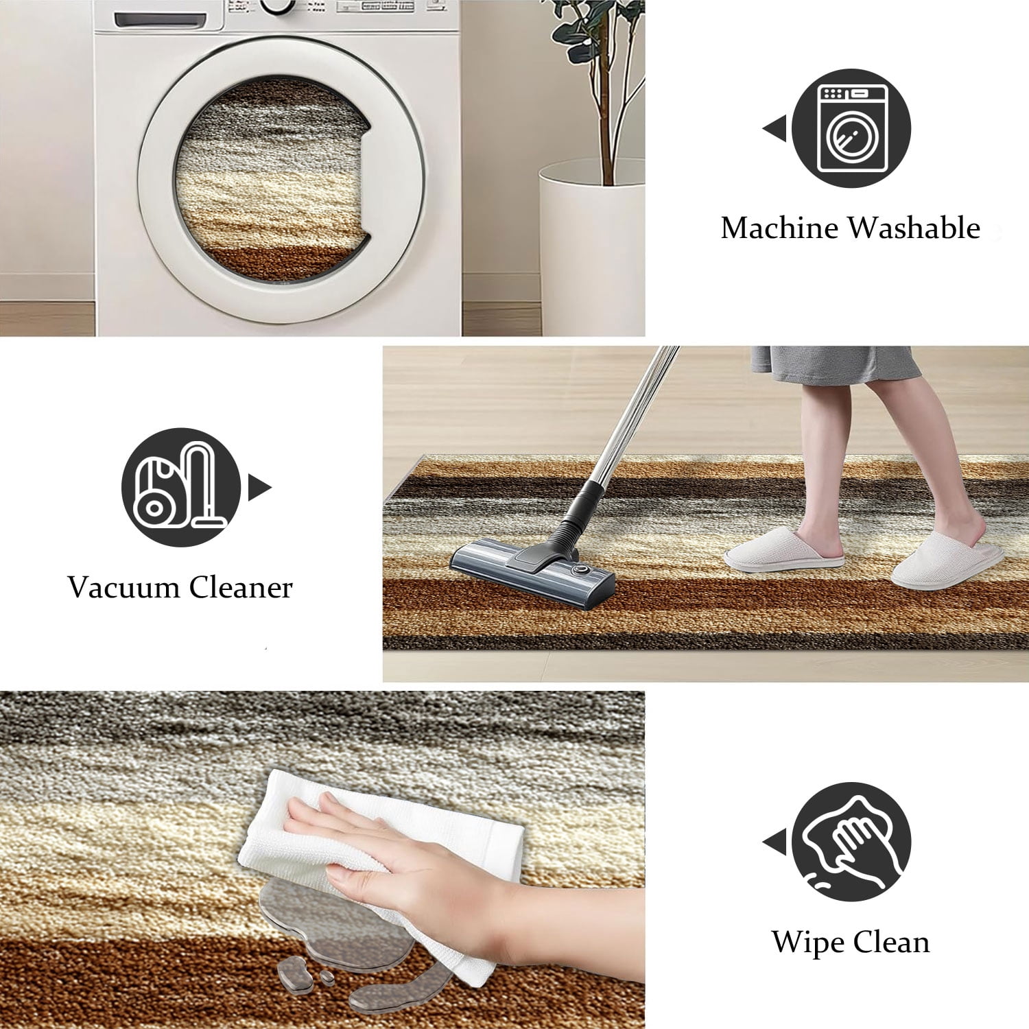 3-Piece Farmhouse Kitchen Rug Set, Washable Anti Slip Striped Floor Mats in 3 Sizes, Stain Resistant Decor Rugs for Kitchen Hallway Bathroom Home Christmas Decor