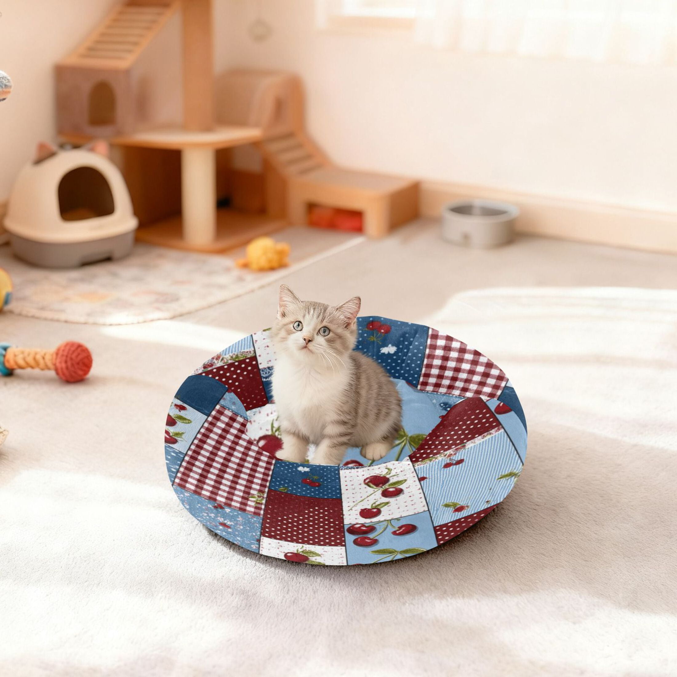 Iauyy Pet Couch Donut Cat Bed for Indoor Cats/Small Dogs Washable & Machine with Non-slip Bottom Calming Cat Furniture, Cherry Pattern (M)