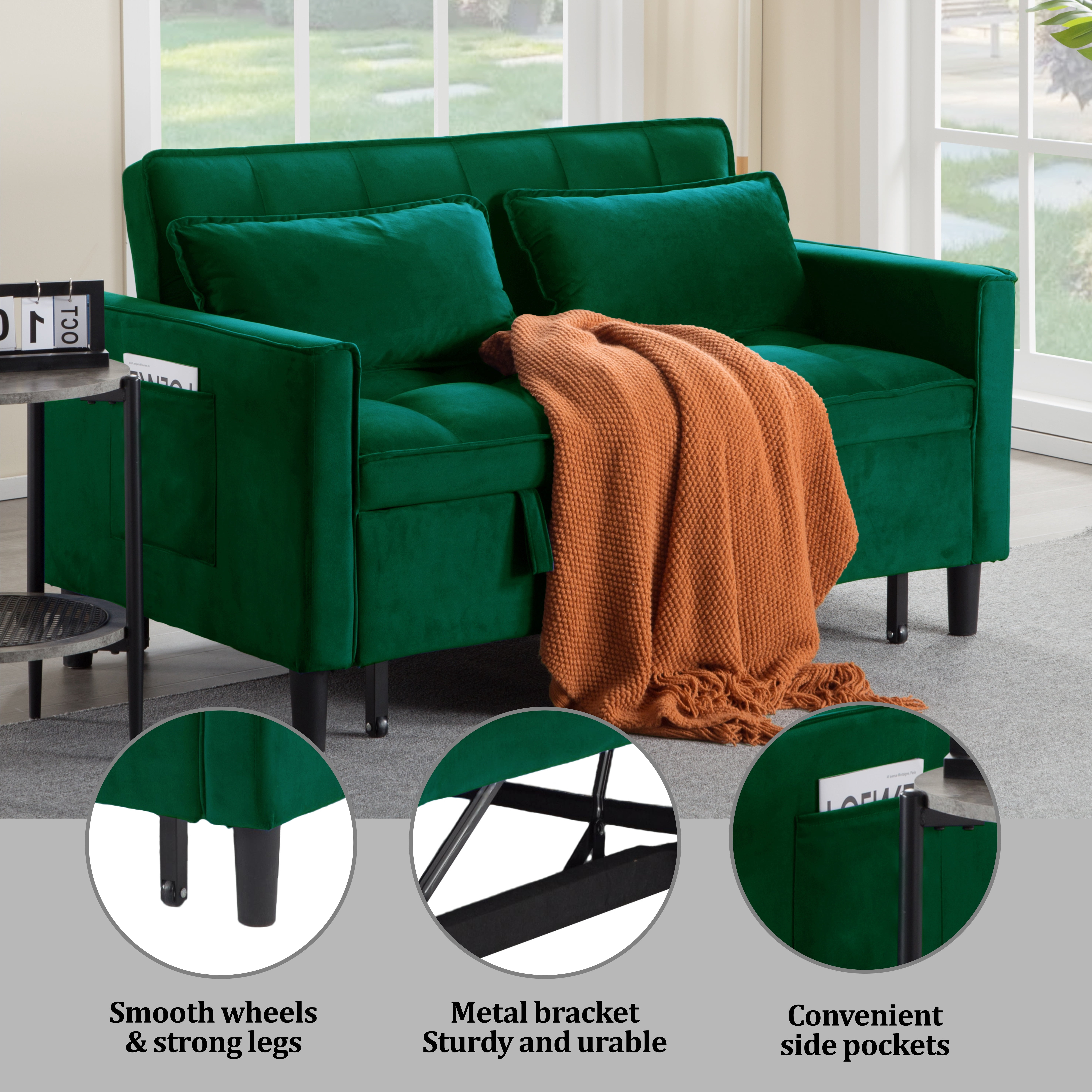 Gewnee 53.94" Pull-Out Sofa Bed – Convertible Twin Size Sleeper Bed,3 Adjustable Backrest Angles & Storage Side Pocket for Living Room,Office,Guest Room.Green