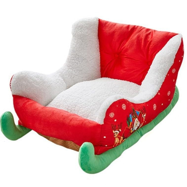 OYPGUE Christmas Dog Bed Plush Sleigh Shaped Pet Sofa Bed for Dogs and Cats