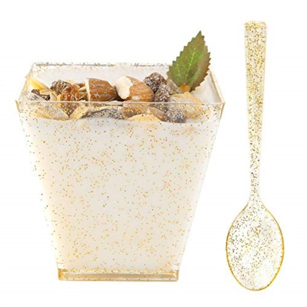 WDF 8oz Gold Glitter Medium Large Plastic Dessert Cups With Spoons51