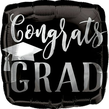 Anagram Congrats Grad Cap Graduation 18" Square Foil Balloon, Black Silver