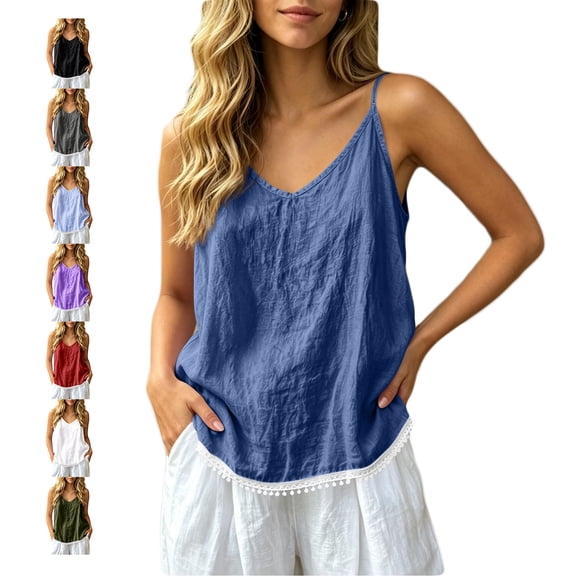 TGSLY Linen V Neck Cami Tops for Women Lightweight Soft Lace Trim Hem Solid Color Sleeveless Blouse Loose Fit Dressy Adjustable Spaghetti Straps Tank XXL
