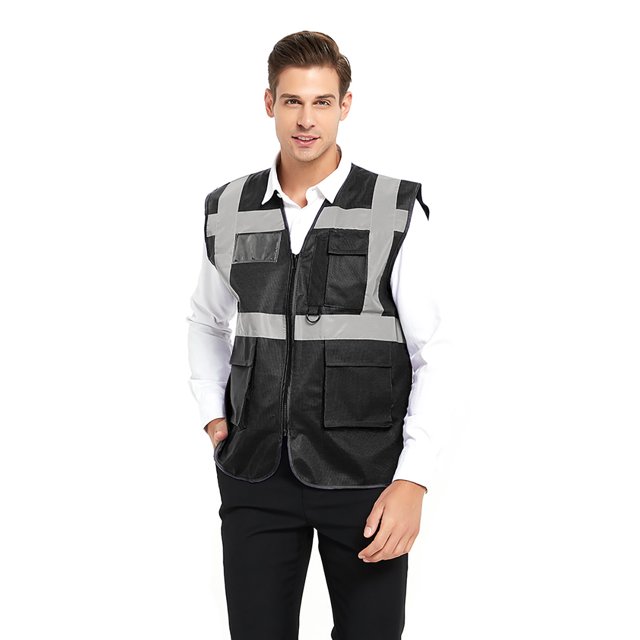 TOPTIE 5 Pockets High Visibility Safety Vest with Reflective Strips, Working Uniform Vest-Black-2XL