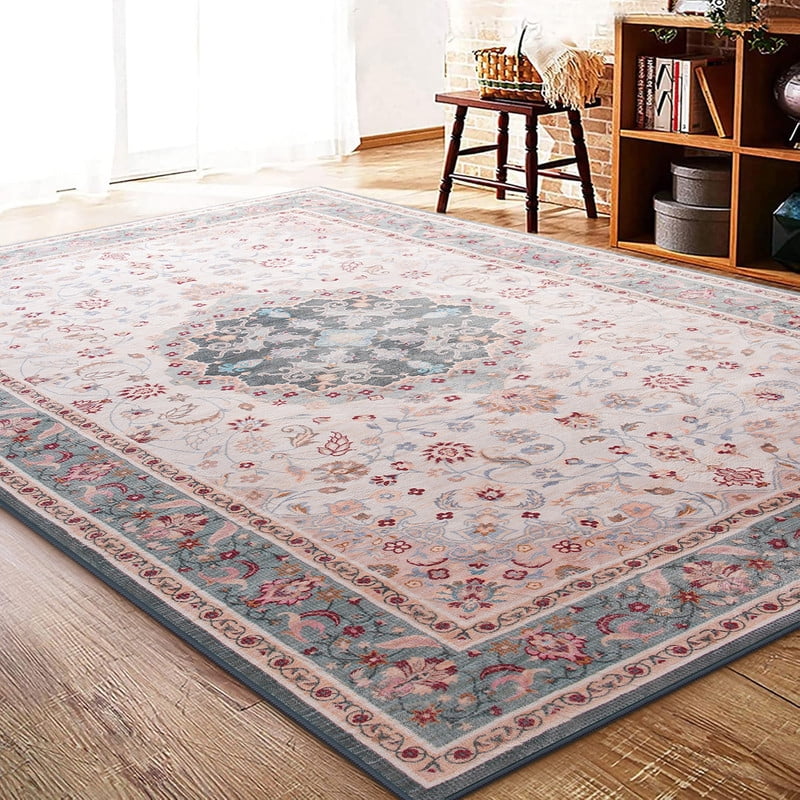 Jamfeel Area Rugs Vintage Floral Printed Washable Non-slip Carpets Foldable Thin Low Pile Rug for Living Room Bedroom 5'x8' Green