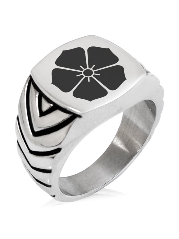 Stainless Steel Akechi Samurai Crest Chevron Pattern Biker Style Polished Ring