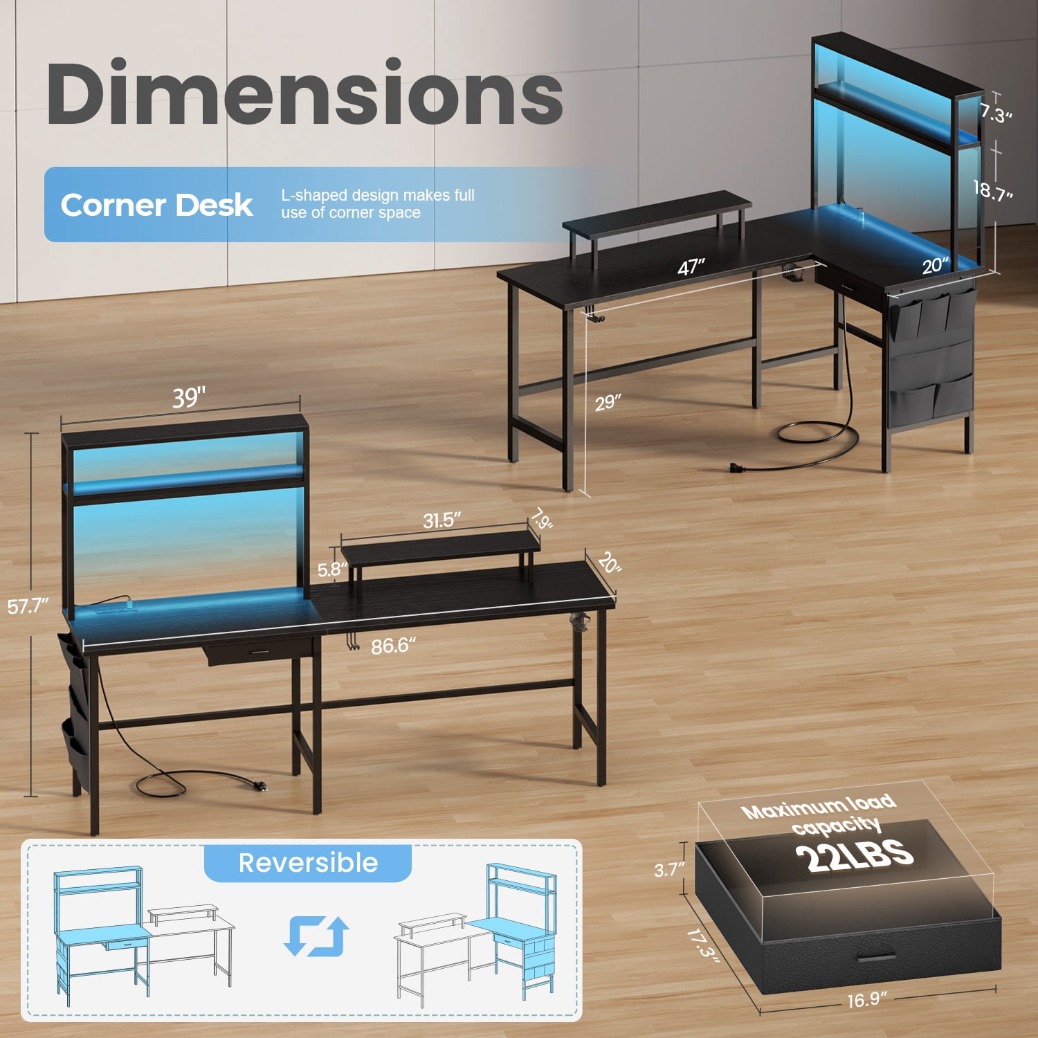 HLDIRECT L Shaped Gaming Desk with LED Light & Power Outlet, 67 inch Reversible Corner Computer Desk with Storage Shelves & Drawer & Bag, Game Table with Hutch Monitor Stand, Black