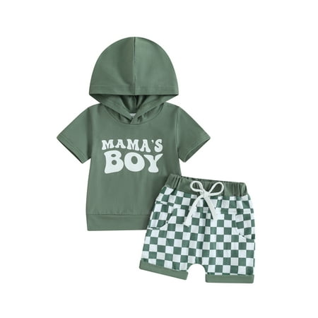 

Qtinghua Infant Toddler Baby Boy Summer Outfits Short Sleeve Hoodie Tops + Checkerboard Shorts Clothes