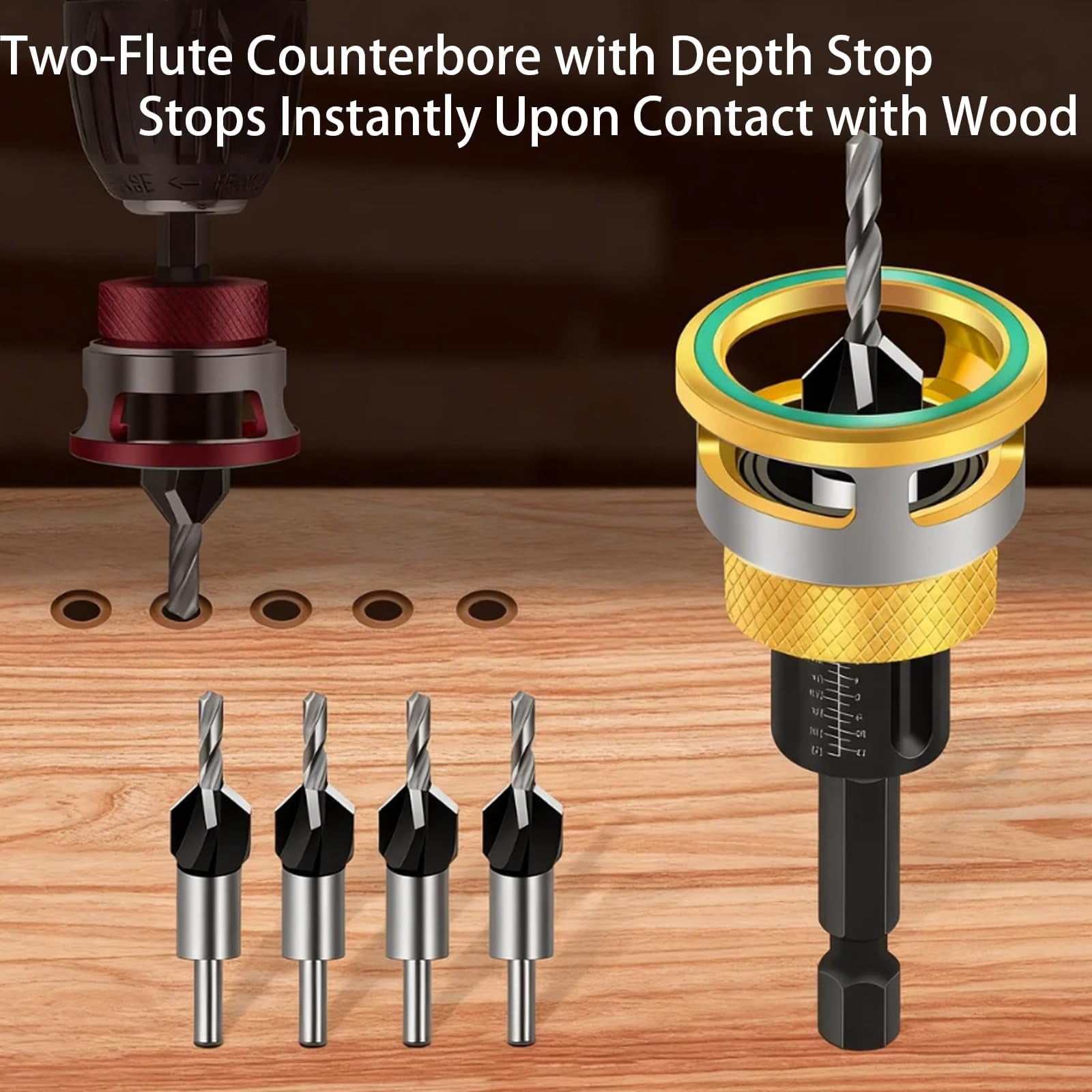 Two-Flute Counterbore with Depth Stop, 4-Piece Countersink Drill Bit Set with Adjustable Depth Collar, HSS Tapered Bits for Woodworking Cabinetry DIY