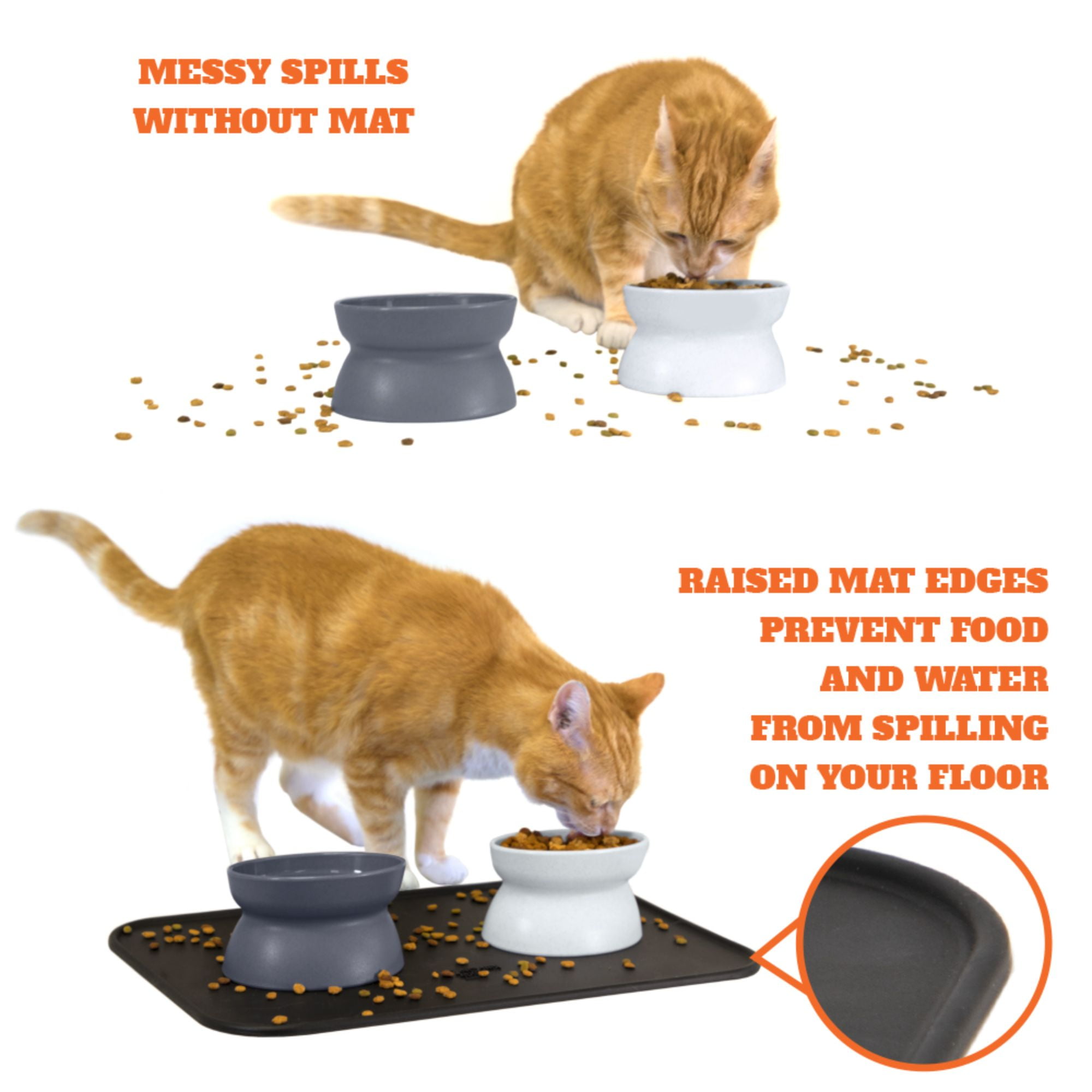 Kitty City Elevated Whisker-Friendly Cat Bowls, Dishwasher Safe Plastic with Non-Skid Placemat, 3-Pack