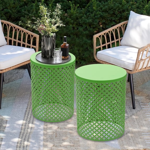 2 Pcs Outdoor Side Tables, Metal Frame Accent Table, Modern End Table, Green
