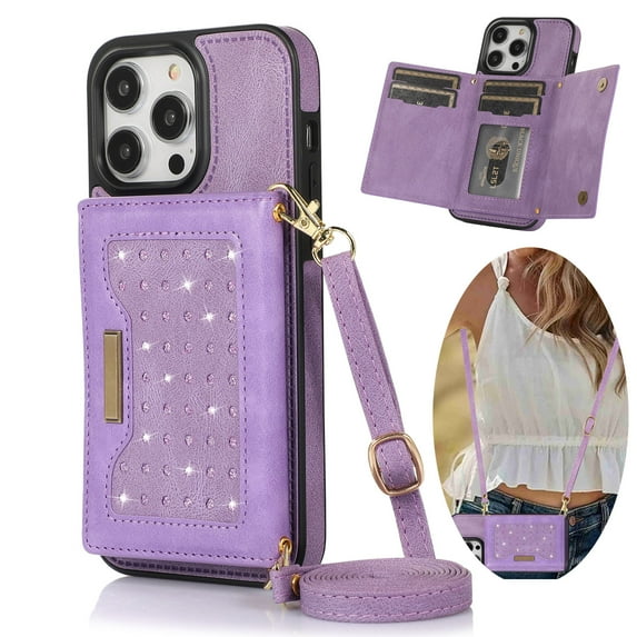 Jiahe Cover for Apple iPhone 14 Pro Max, Luxury Shockproof with Crossbody Shoulder Strap Magnetic Bling PU Leather Flip Folio Stand Wallet Card Slots Case Cover, Purple