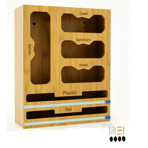 Storage Bag organizer, 6 in 1 Foil and Plastic Wrap Dispenser with Cutter, Bamboo Kitchen Drawer Organizer Food Bag Organizer for Gallon, Quart, Sandwich, Snack Bags (Natural)