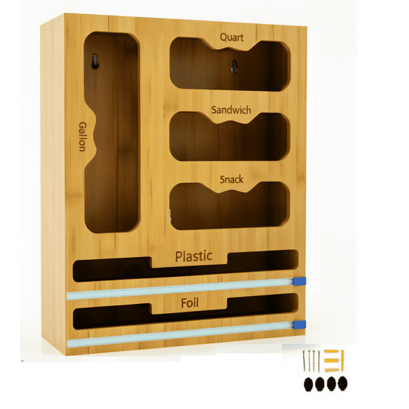 Storage Bag organizer, 6 in 1 Foil and Plastic Wrap Dispenser with Cutter, Bamboo Kitchen Drawer Organizer Food Bag Organizer for Gallon, Quart, Sandwich, Snack Bags (Natural)