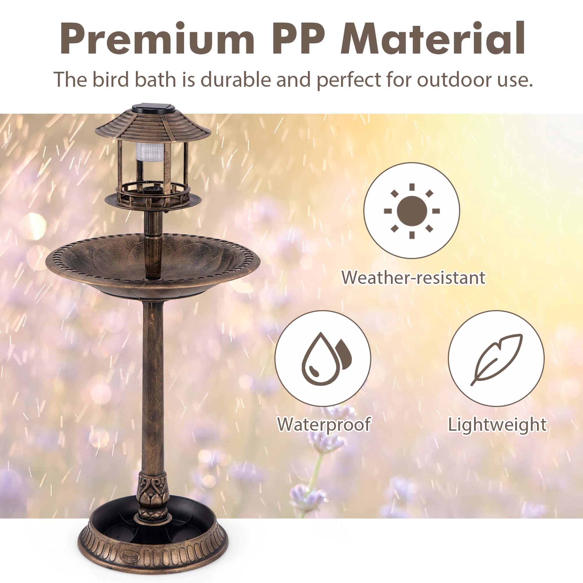 Costway 3-In-1 Pedestal Bird Bath with Solar Light with Bird Feeder & Flower Planter Antique Bronze