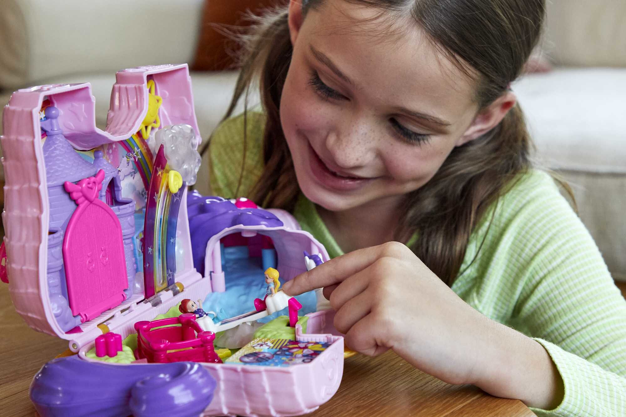 Polly Pocket 2-in-1 Unicorn Party Travel Toy, Large Compact with 2 Dolls & 25 Surprise Accessories - image 4 of 9