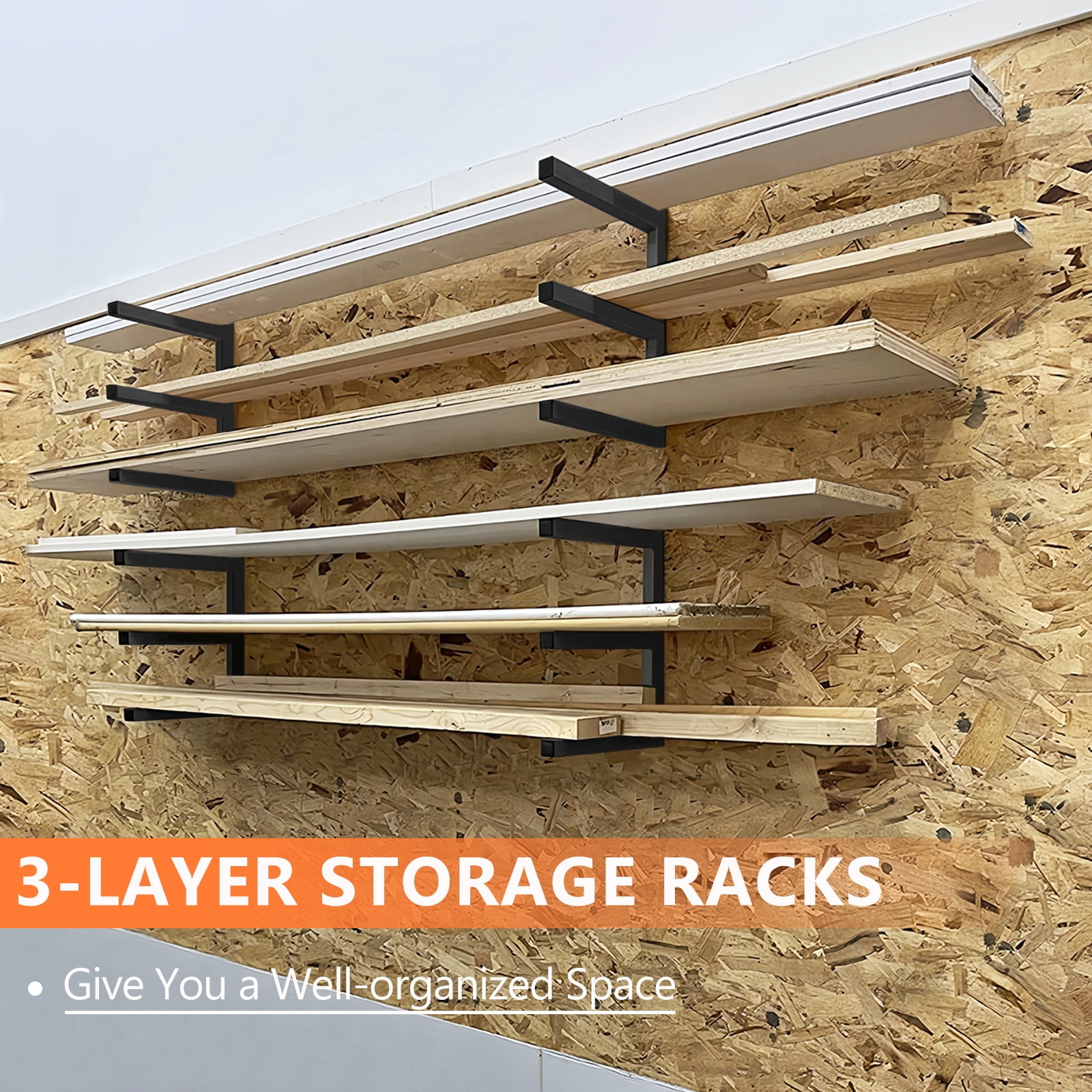 Lumber Rack Wood Storage Racks with 3 Level, Garage Wood Organizer Lumber Storage Rack, Workshop Organizers and Storage Wood Wall Shelving Wall Mounted, Lumber Metal Racks for Indoor (Black-4 Pack)