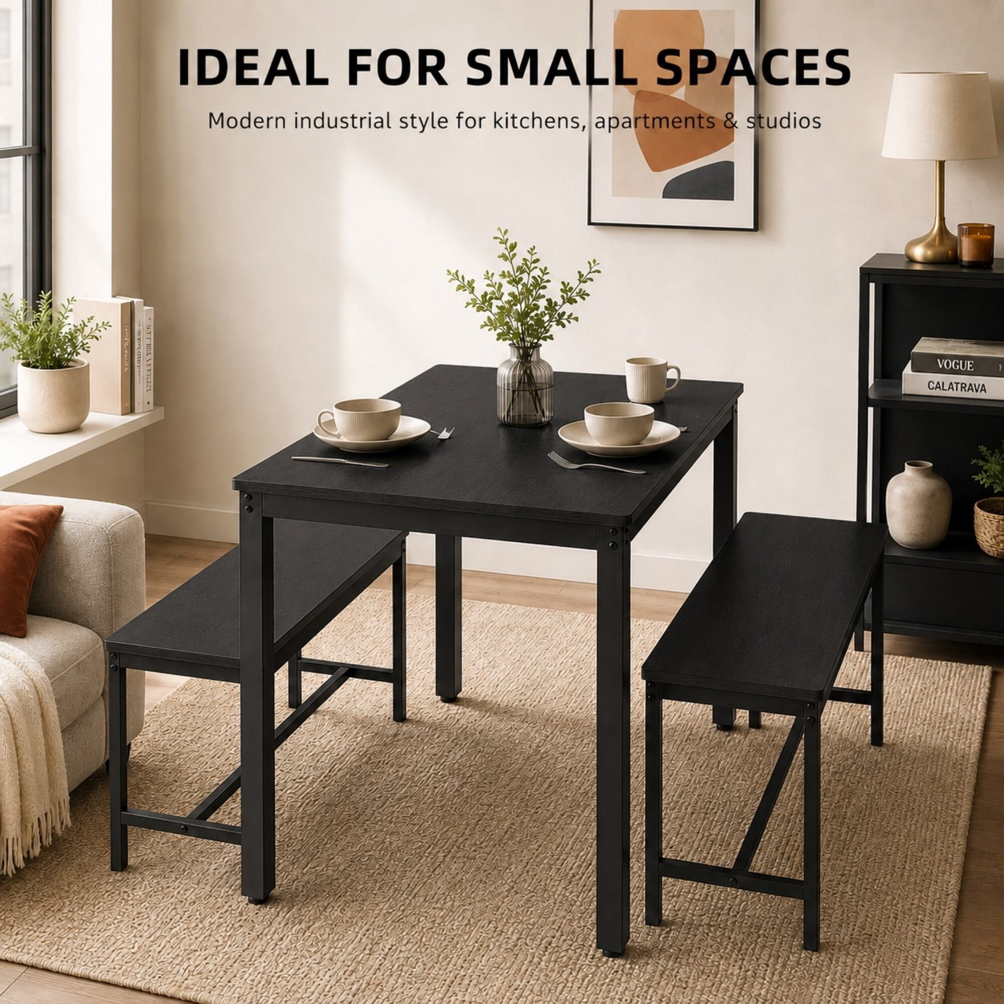 DEALTOPS 3-Piece Industrial Dining Table Set with 2 Benches – Compact Kitchen & Small Space Furniture, Black