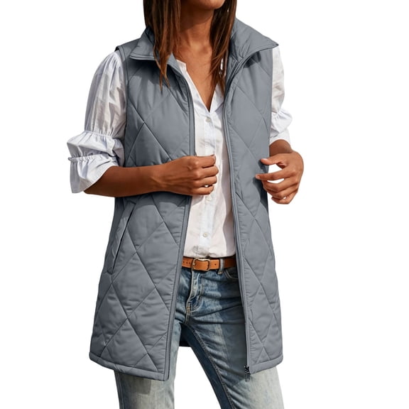 Cilsoka Long Quilted Vest Women Lightweight Puffer Vest Women Sleeveless Zip Up Outerwear Stand Collar Gilet Coat Outerwear