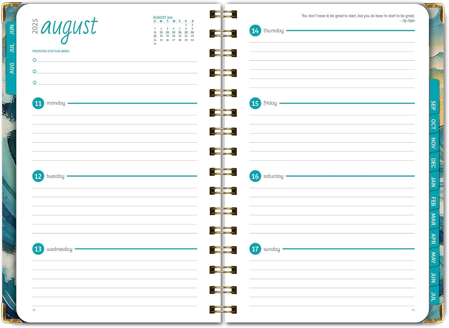 Academic Planner 2025-2026, Daily Weekly Monthly Yearly Planner, June 2025 - July 2026, 14 months, 5.5"x8", Bookmark, Pocket Folder and Sticky Note Set (Ocean Waves)