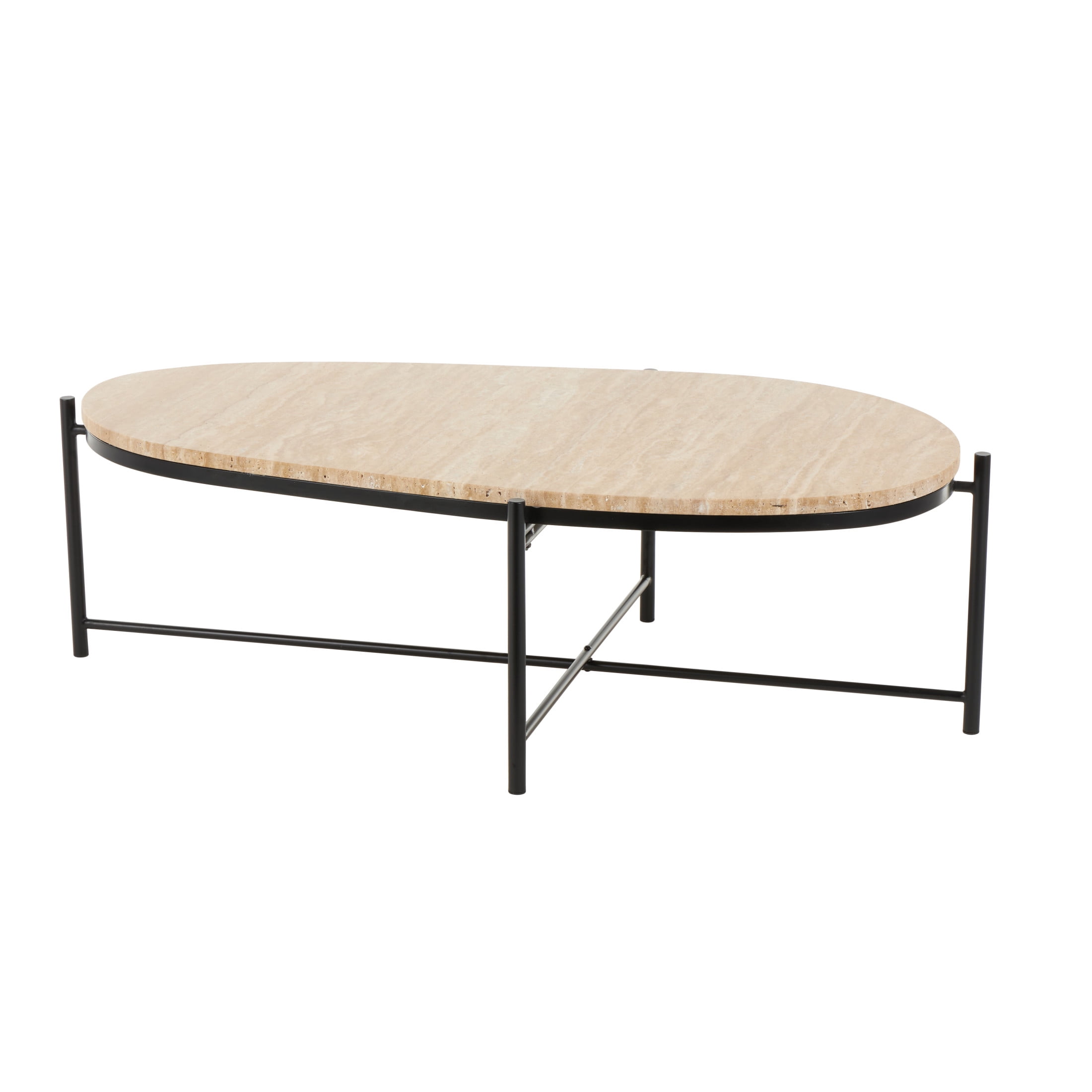 DecMode 45" x 13" Beige Marble Oval Coffee Table with Black Metal Support, 1-Piece