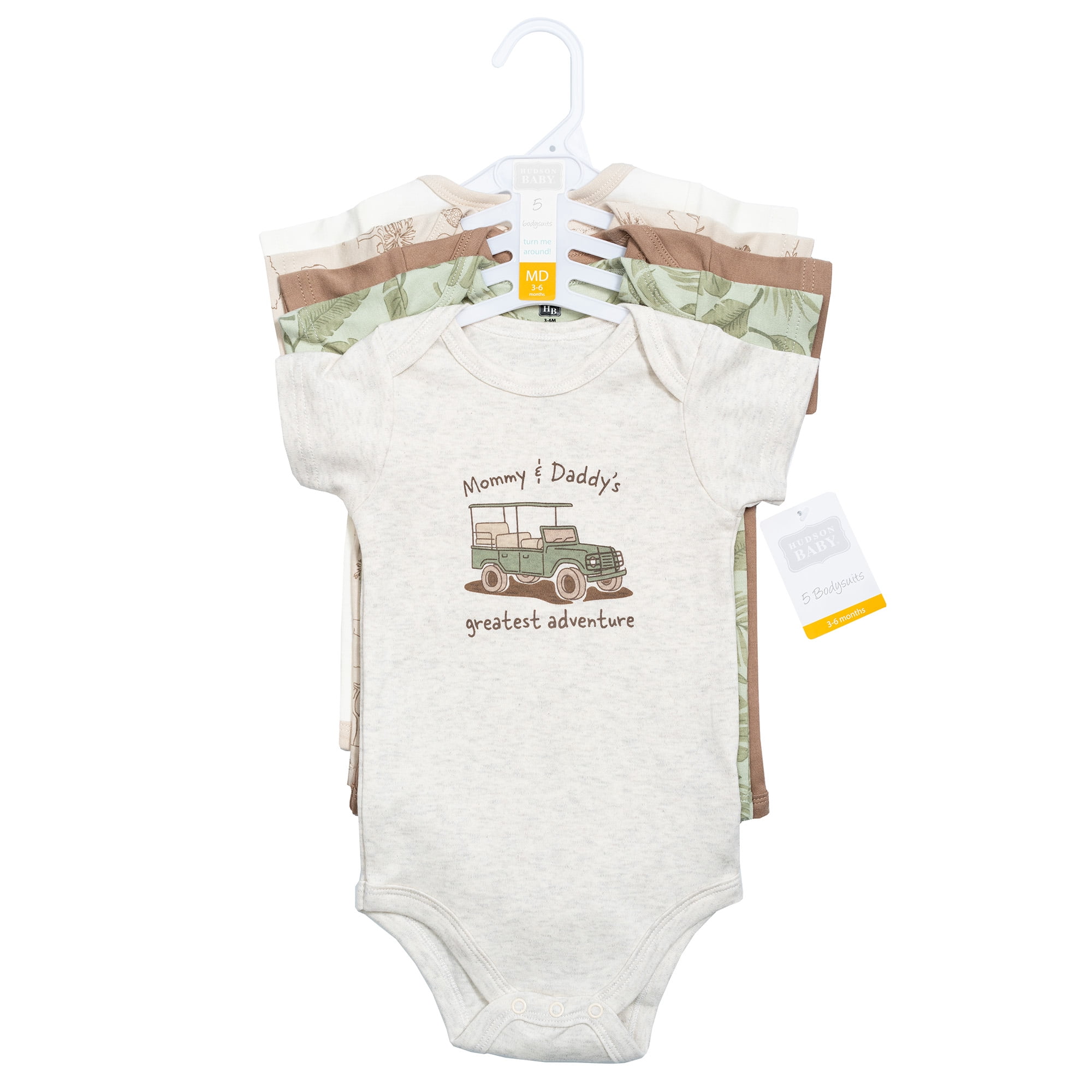 Hudson Baby Infant Boys Cotton Bodysuits 5-Pack, Beige Safari, 3-6 Months