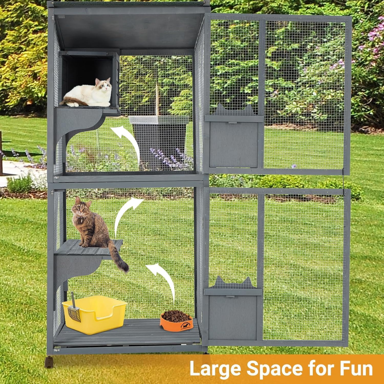 Luku 69-Inch Catio, Wooden Cat Enclosure, 4-Tier Cat House w/Waterproof Roof, Removable Tray, Nesting Box and Lockable Caster, Indoor and Outdoor Use