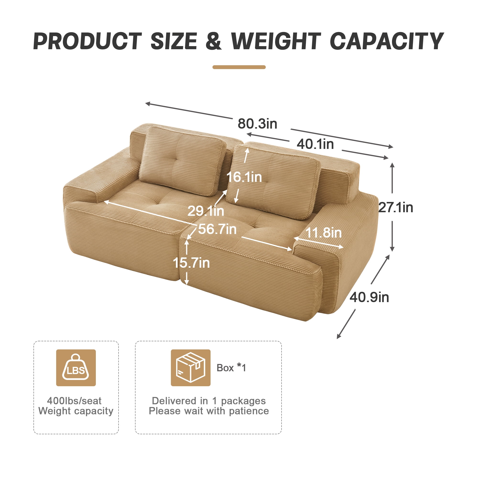 80" Corduroy Modular Sectional Sofa, 2-Seater Tufted Deep Seat Couch, Pet-Friendly Couch, No Assembly, Camel